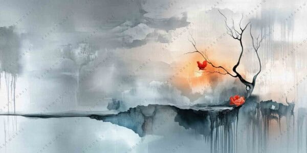 "Abstract digital painting of barren tree with red flowers in a misty landscape."