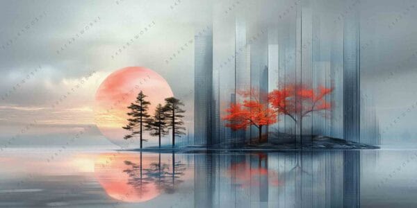 "Digital art of trees by a lake, large pink sun, and misty cityscape."
