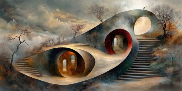 Surreal digital painting of a fantastical staircase landscape with barren trees and dramatic skies.