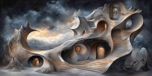 Surreal digital painting of a winding staircase with arches against a stormy sky.