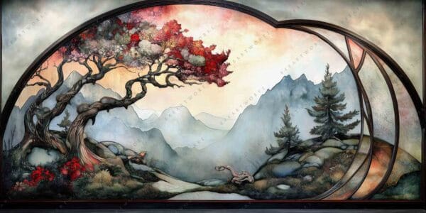 "Art Nouveau painting of a mountainous landscape with vibrant trees under a pastel sky."