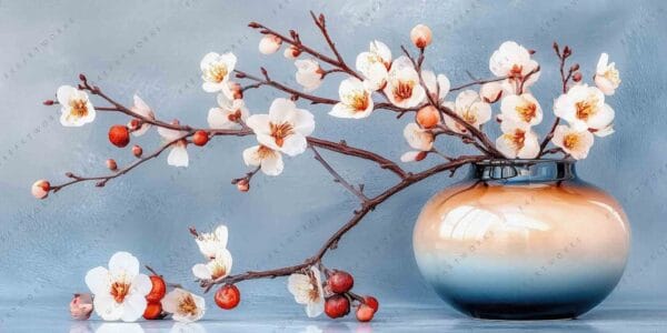 "Photo of white cherry blossoms in a blue and peach gradient vase."
