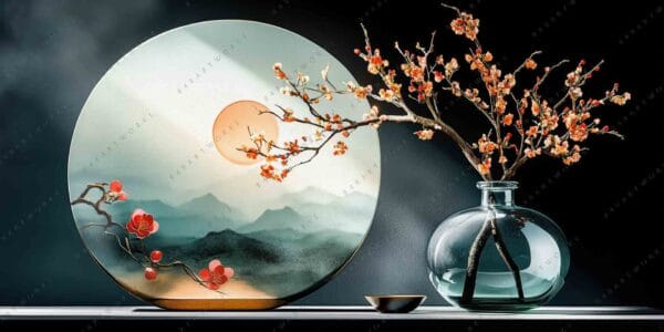 "Digital artwork of cherry blossoms on decorative plate with glass vase and branches."