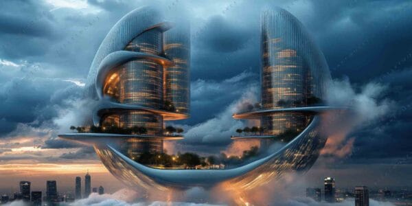 "Futuristic digital art of floating skyscrapers amidst clouds, blending blue and gray hues."
