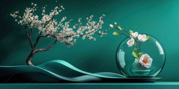 "Digital art of flowering branches in turquoise glass vase on teal background."