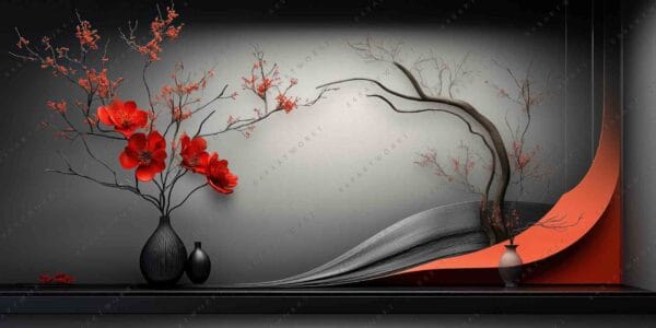 "Digital art of red flowers in black vases against a gray and orange backdrop."