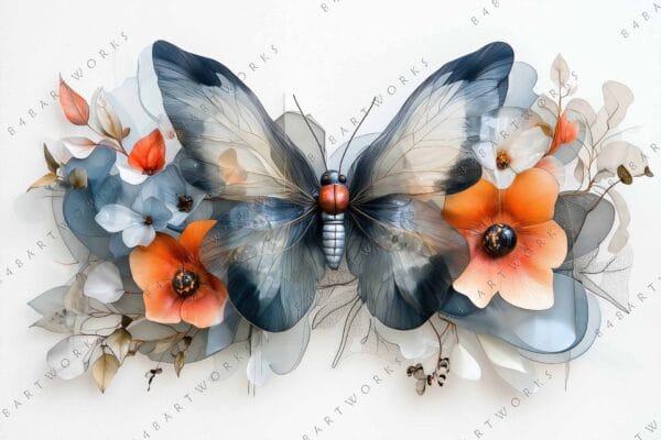 "Digital art of a blue and orange butterfly surrounded by delicate translucent flowers."