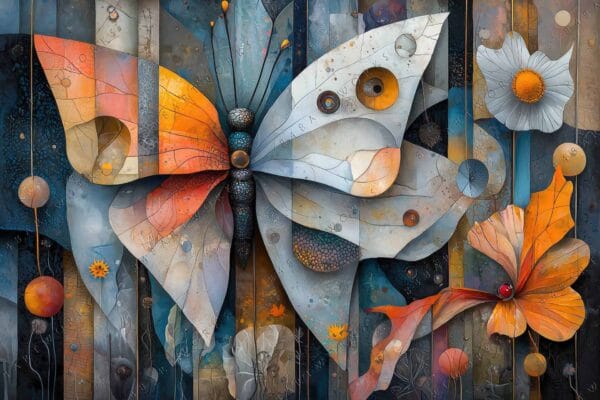 "Abstract digital art of a vibrant butterfly with orange and blue geometric patterns."