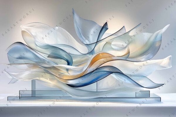 "Abstract digital art of fluid waves in blue, white, and gold tones."