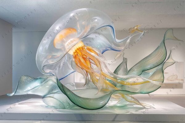 Glass sculpture of a jellyfish with translucent, flowing tendrils in orange and green.