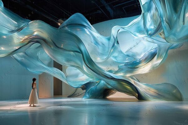 Digital artwork of a woman under flowing translucent blue and green fabric sculpture.