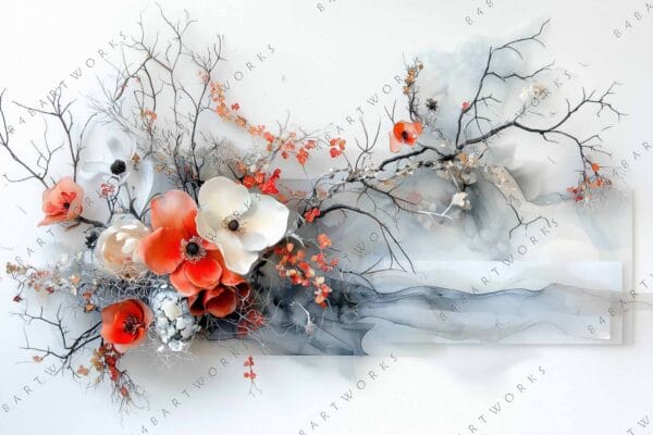 "Digital art of red and white flowers on bare branches, soft gray background."