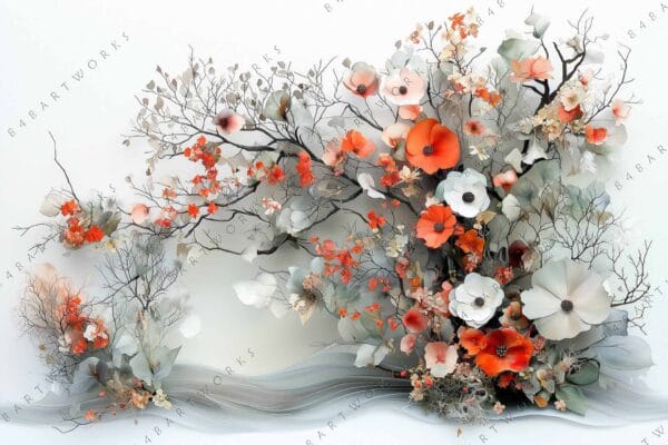 "Digital artwork of vibrant orange and white flowers with delicate branches and foliage."