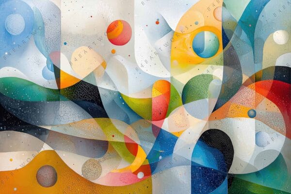 Abstract digital artwork featuring colorful swirling shapes and textured patterns.