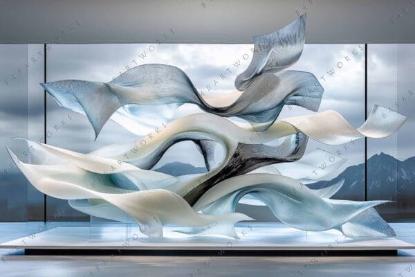 "Digital art of flowing abstract forms in blue, gray, and white, with mountain backdrop."