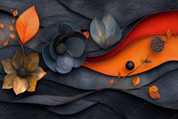 "Digital artwork of abstract flowers and leaves with black, orange, and blue tones."