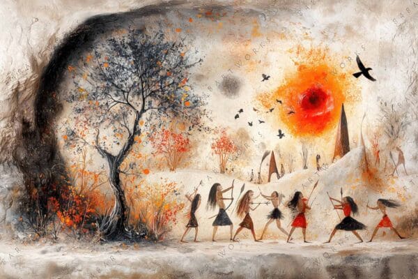 Surreal digital painting of dancing figures under a fiery red sun in autumnal hues.