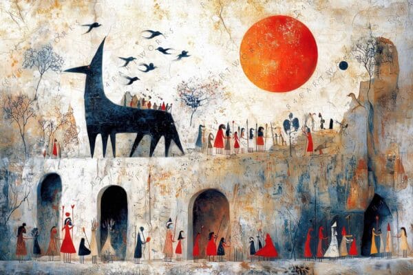 "Whimsical digital painting of figures and abstract animals against an orange sun and textured background."