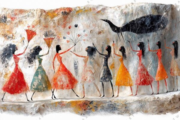 Colorful cave painting with women in dresses, abstract bird, orange and beige tones.
