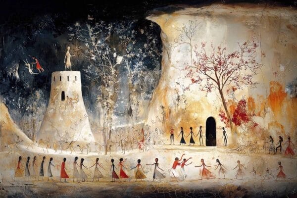 Abstract painting of figures on a landscape with red and beige tones.
