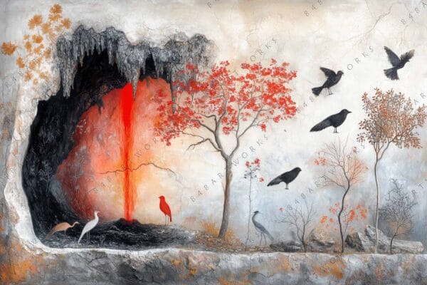 "Surreal painting of birds and trees in front of orange cave and red cascade."