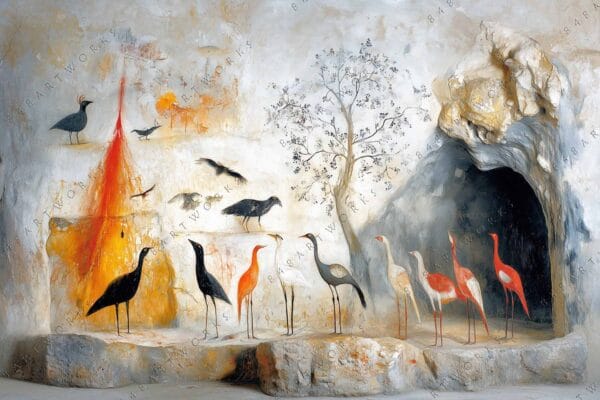 "Abstract digital art of stylized birds and tree on a textured stone background."