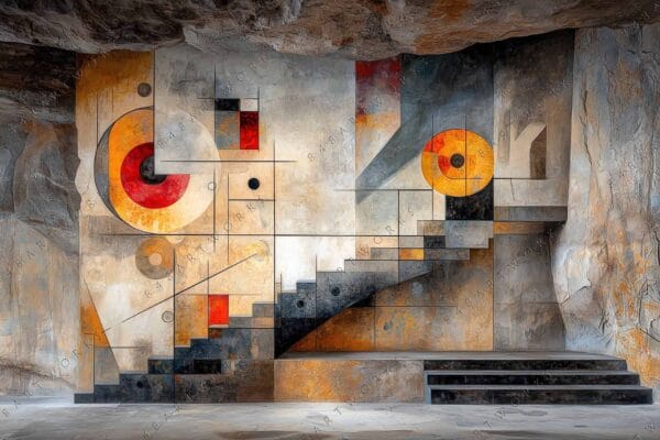 Abstract painting of geometric shapes and stairs in earthy tones on a cave wall.