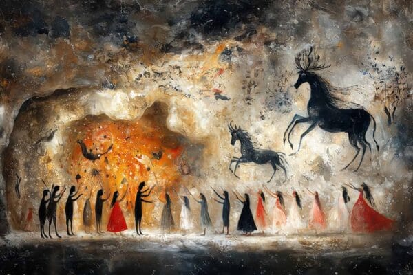 "Abstract digital painting of silhouettes and horses with fiery orange and earthy tones."