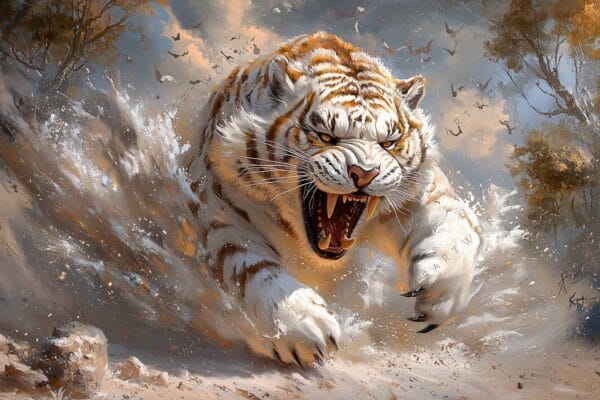Digital painting of a fierce white tiger charging in a stormy landscape.