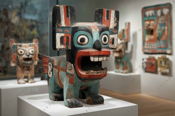 Wooden sculpture of a mythical creature with painted geometric patterns in a museum setting.