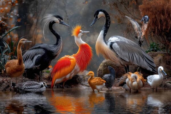 Digital painting of colorful birds gathered by a reflective water pond, autumn backdrop.