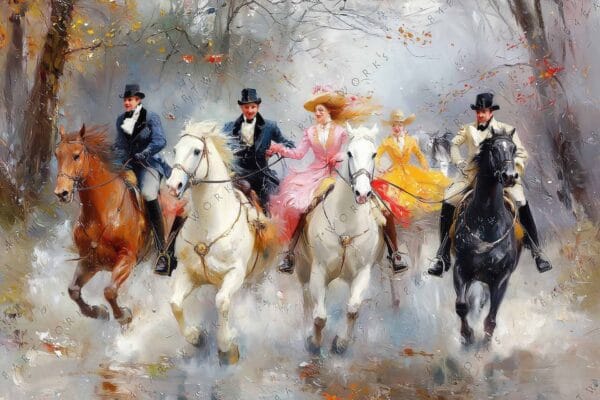 Oil painting of five riders on galloping horses in elegant attire through misty woods.