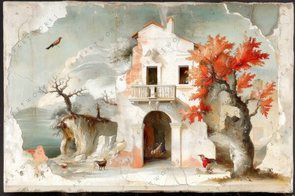 Digital painting of an old house with orange trees, birds, and a cliffside landscape.