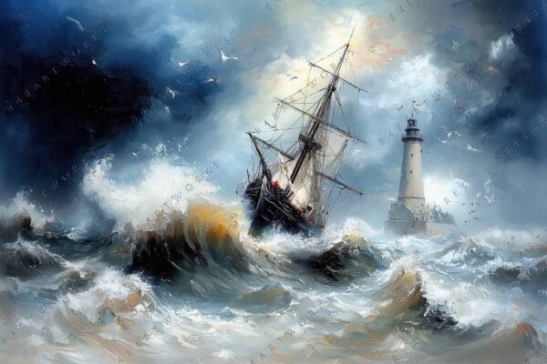 Oil painting of a ship battling stormy waves near a lighthouse in dramatic colors.