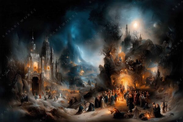 "Dramatic digital painting of a gothic castle with illuminated figures, in dark blue and orange."
