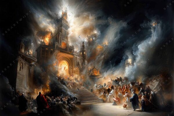 Dramatic digital painting of a fiery cityscape with billowing smoke and chaotic figures.