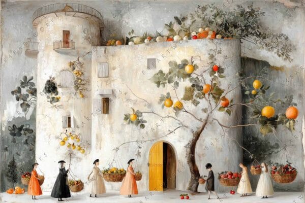 Painting of people gathering fruit from trees against a textured medieval building.