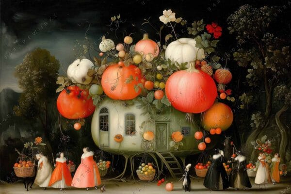 "Surreal digital painting of a pumpkin house with figures in historical attire."