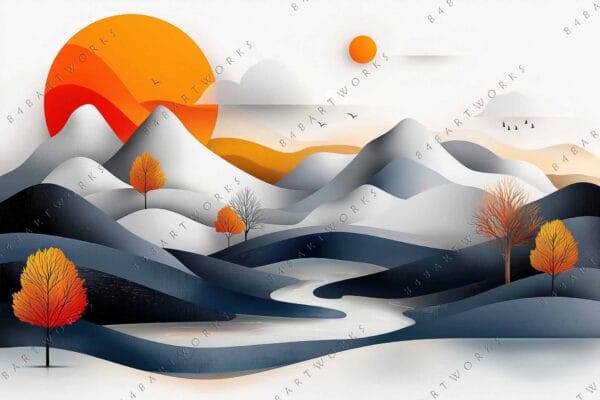 "Digital landscape with abstract mountains, orange sun, and autumn trees in gray tones."