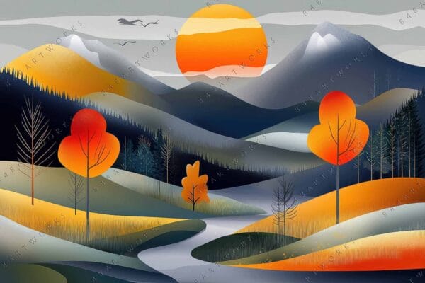 Abstract digital landscape with vibrant orange trees and blue-gray mountains at sunset.