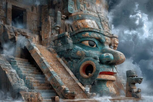 "Fantasy digital art of ancient stone temple with giant face and dramatic clouds."