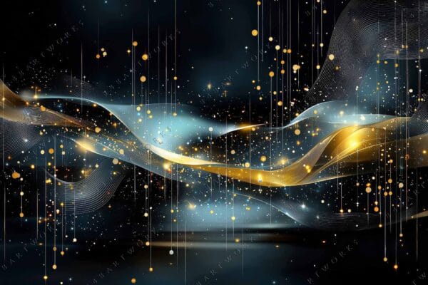 "Abstract digital art with flowing gold and blue ribbons on a dark background."