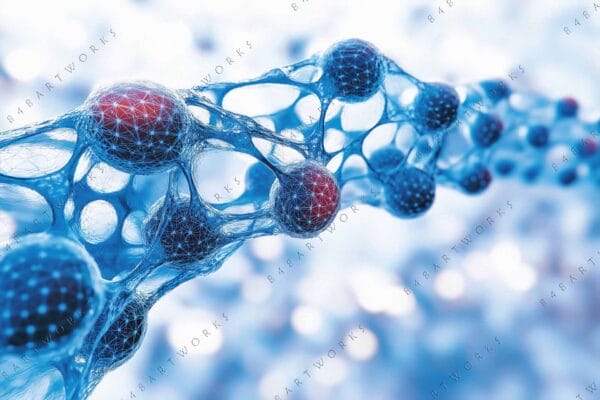 "Digital art of blue molecular structure with red spheres, abstract scientific design."
