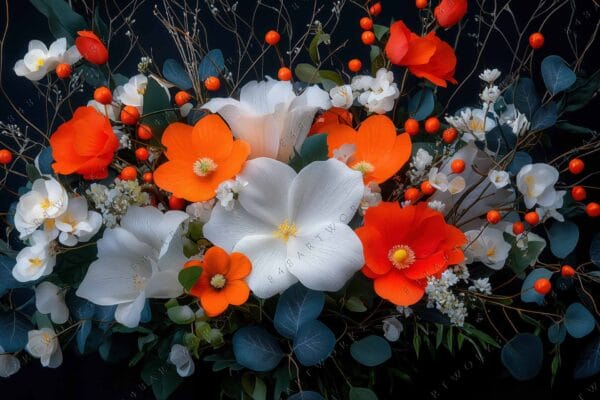 Digital art of a floral arrangement with orange, white flowers on a dark background.