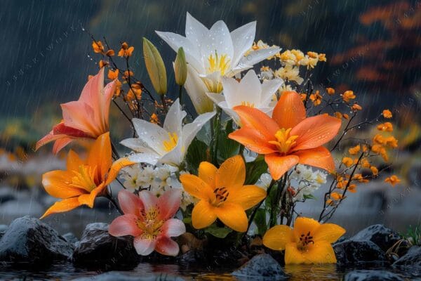 Digital painting of vibrant lilies in rainy scene with white, orange, and pink flowers.