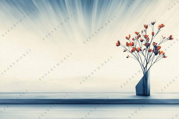 "Minimalist digital artwork of orange flowers in a black vase on a muted background."