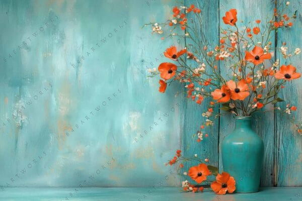 Digital painting of orange flowers in a turquoise vase against a textured blue backdrop.