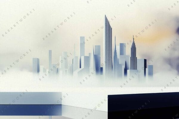 Minimalist digital art of a foggy skyline in cool gray and blue tones.