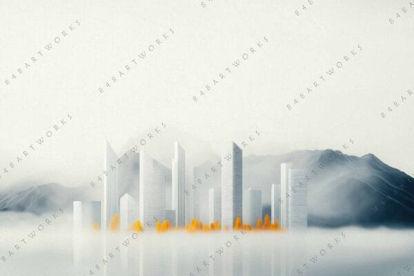 Futuristic digital art of a misty cityscape with white skyscrapers and orange trees.