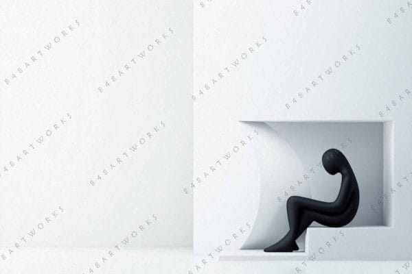 "Minimalist digital art of a black figure sitting in a white geometric space."